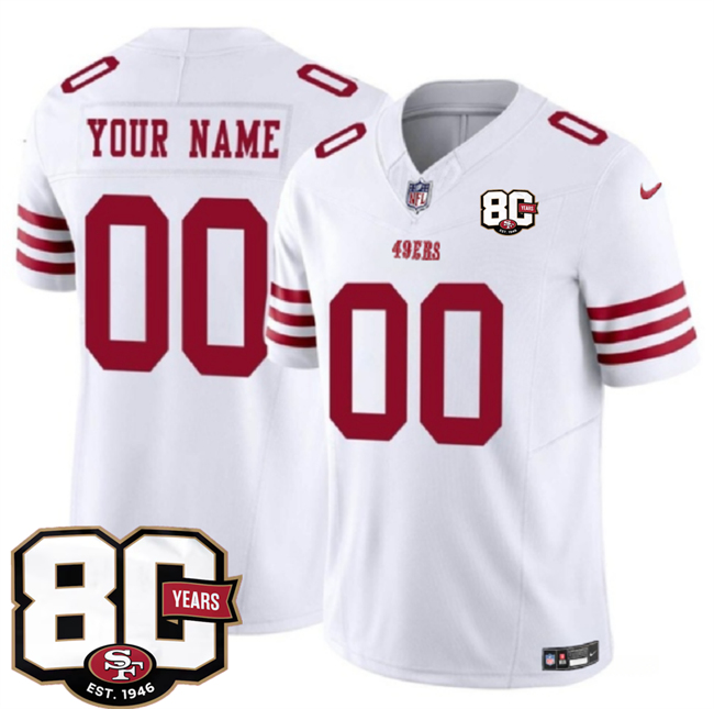 Men's White San Francisco 49ers Active Player Custom 80th Anniversary Patch 2026 F.U.S.E. Vapor Untouchabl2026 F.U.S.E. Vapor Untouchable Limited Stitched Football Jersey
